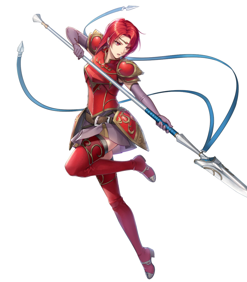 1girl armor bangs belt black_legwear boots breastplate circlet dress earrings elbow_gloves fire_emblem fire_emblem:_the_binding_blade fire_emblem_heroes full_body gloves highres holding holding_weapon jewelry kiyu_(zuyu) melady_(fire_emblem) official_art open_mouth parted_lips polearm purple_dress red_armor red_eyes redhead shiny shiny_clothes shiny_hair short_dress short_hair shoulder_armor sleeveless solo spear thigh-highs thigh_boots thighhighs_under_boots transparent_background weapon white_background zettai_ryouiki