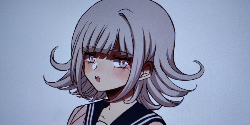 1girl bangs blue_background blue_sailor_collar blunt_bangs blush collarbone commentary criis-chan dangan_ronpa face flipped_hair highres looking_at_viewer looking_to_the_side medium_hair nanami_chiaki open_mouth pink_eyes sailor_collar shaded_face solo super_dangan_ronpa_2 upper_teeth