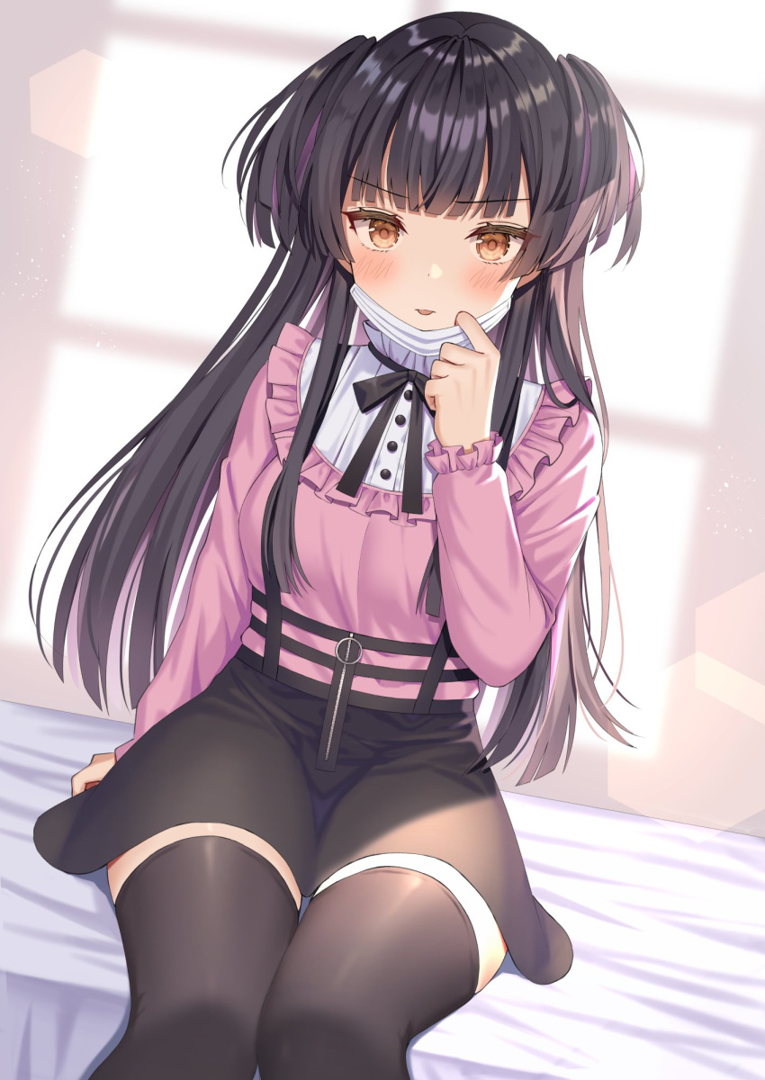 1girl bangs bed_sheet black_hair black_legwear black_skirt blush breasts brown_eyes commentary_request dutch_angle eyebrows_visible_through_hair feet_out_of_frame frilled_shirt frills hand_up highres idolmaster idolmaster_shiny_colors izumo_neru long_hair long_sleeves looking_at_viewer mask mask_pull mayuzumi_fuyuko mouth_mask multicolored_hair pink_shirt pulled_by_self purple_hair shirt sitting skirt small_breasts solo streaked_hair surgical_mask thigh-highs two_side_up very_long_hair