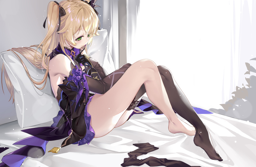 1girl absurdres bare_shoulders barefoot bed bed_sheet black_legwear black_ribbon blonde_hair closed_mouth commentary_request detached_sleeves fischl_(genshin_impact) genshin_impact green_eyes hair_ribbon highres kikimi legs legwear_removed long_hair on_bed pillow ribbon sitting solo thigh-highs thighs two_side_up