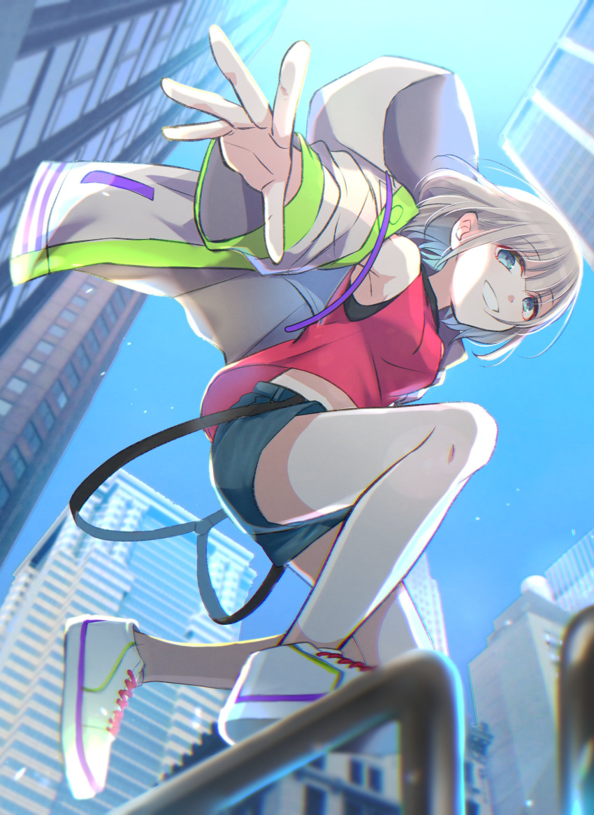 1girl absurdres bare_legs blue_eyes blue_shorts blue_sky building commentary_request grey_hair grin guard_rail highres hood hooded_jacket idolmaster idolmaster_shiny_colors jacket jumping long_sleeves looking_at_viewer looking_down open_clothes open_jacket perspective red_shirt serizawa_asahi shirt shoes short_hair short_shorts shorts sky skyscraper sleeveless sleeveless_shirt smile sneakers solo suspender_shorts suspenders yoi_r