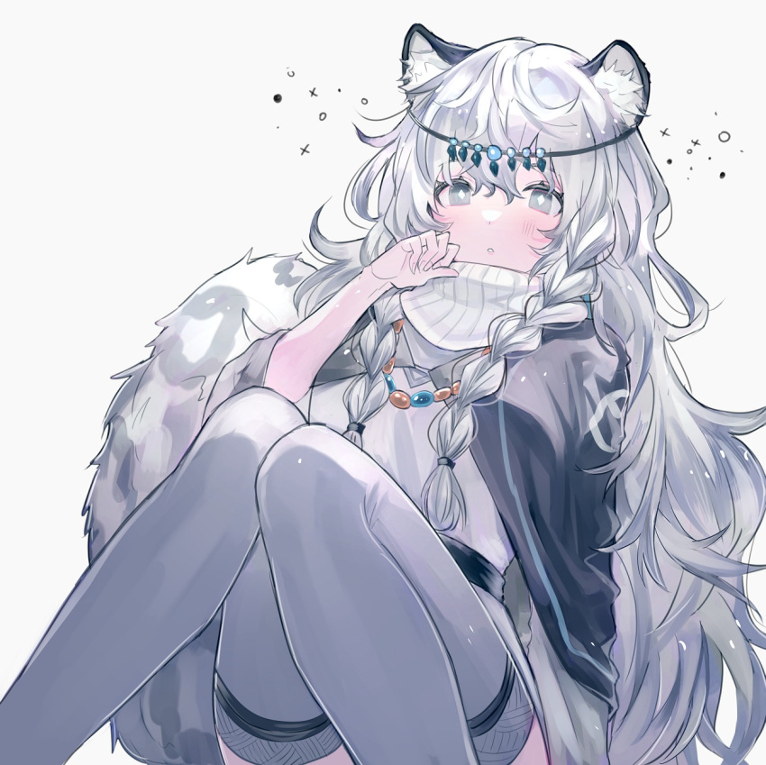 1girl animal_ears arknights bangs bead_necklace beads black_cape blush braid cape commentary dress feet_out_of_frame grey_background grey_eyes grey_legwear hand_up head_chain highres jewelry knees_together_feet_apart knees_up leopard_ears leopard_tail long_hair looking_at_viewer necklace pramanix_(arknights) seia_(tikxxx) silver_hair simple_background sitting solo tail thigh-highs twin_braids very_long_hair white_dress