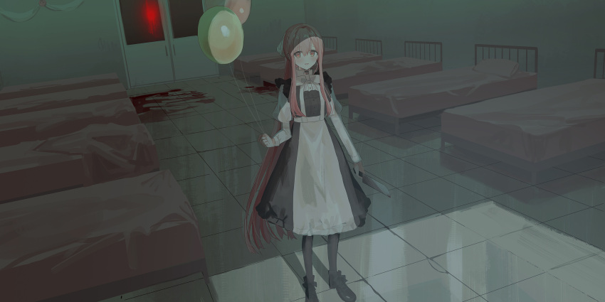 1girl :d apron balloon bangs bed black_dress black_footwear black_legwear blood boots bow brown_hair chihuri door dress eyebrows_visible_through_hair frilled_apron frills hair_between_eyes hair_ribbon highres holding holding_balloon holding_knife indoors juliet_sleeves knife long_hair long_sleeves looking_at_viewer open_mouth original pantyhose pink_hair ponytail puffy_sleeves red_pupils ribbon shirt sidelocks sleeveless sleeveless_dress smile solo standing tile_floor tiles very_long_hair white_apron white_bow white_ribbon white_shirt yana_(chihuri)