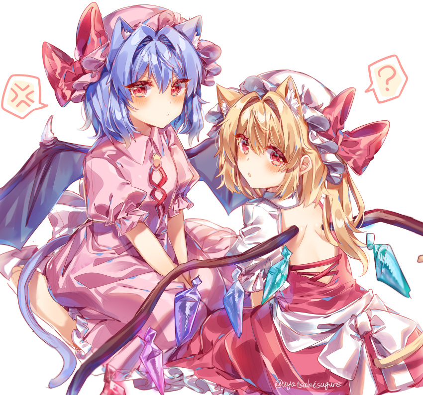 2girls :o ? absurdres anger_vein animal_ear_fluff animal_ears ascot ayatsuki_sugure back_cutout bat_wings blonde_hair blue_hair bow cat_ears cat_girl cat_tail clothing_cutout crystal dress dress_bow extra_ears facing_another flandre_scarlet hair_intakes hat hat_ribbon highres kneeling long_hair looking_at_viewer looking_back mob_cap multiple_girls puffy_sleeves red_dress red_eyes remilia_scarlet ribbon short_hair short_sleeves siblings side_ponytail simple_background tail touhou twitter_username v-shaped_eyebrows white_background white_bow wings