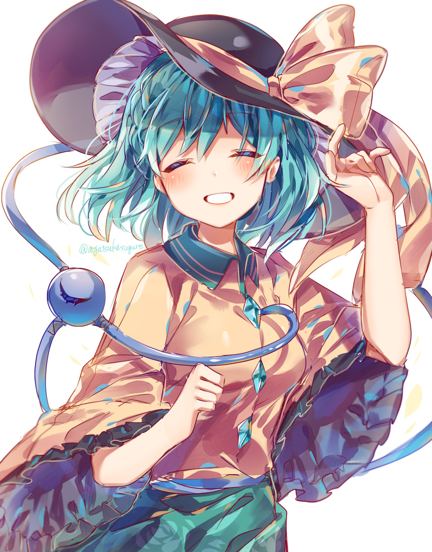 arm_up ayatsuki_sugure bangs black_headwear bow braid closed_eyes collared_shirt eyebrows_visible_through_hair eyes_visible_through_hair frilled_sleeves frills green_hair grin hat hat_bow heart heart_of_string highres komeiji_koishi long_sleeves shirt short_hair simple_background skirt smile solo third_eye touhou twitter_username upper_body white_background wide_sleeves yellow_bow yellow_shirt