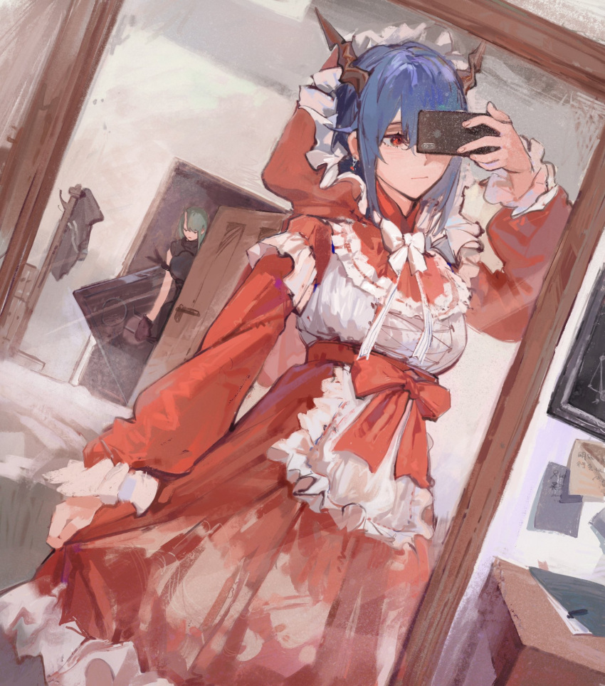 2girls alternate_costume arknights bedroom blue_hair blush bow bowtie breasts cellphone ch'en_(arknights) closed_mouth coat_rack commentary cowboy_shot door dragon_horns dress frilled_dress frills hair_between_eyes hannya_(arknights) highres holding holding_phone holding_shield hooded_dress horns hoshiguma_(arknights) indoors light_smile long_hair long_sleeves medium_breasts medium_hair mirror multiple_girls otammato phone red_dress red_eyes reflection self_shot shield smartphone solo_focus walk-in white_neckwear