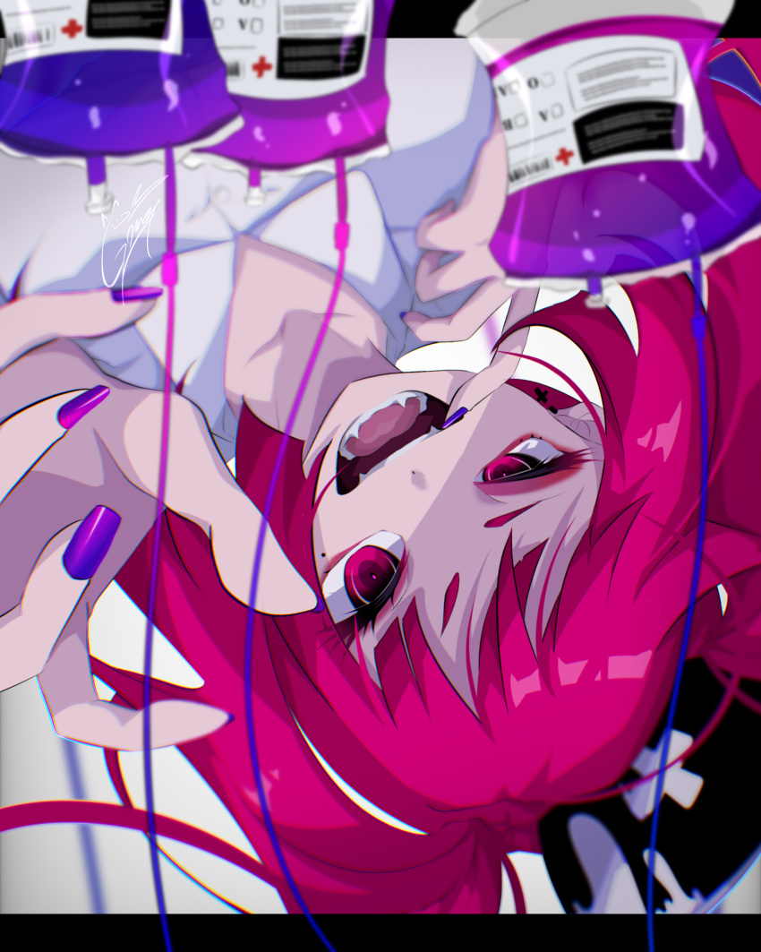 1girl absurdres bangs black_headwear blood blood_bag collarbone fangs floating_hair goma_irasuto hat highres mole mole_under_eye mouth_pull nurse nurse_cap open_hand open_mouth original purple_blood purple_nails red_eyes redhead solo upside-down v-shaped_eyebrows