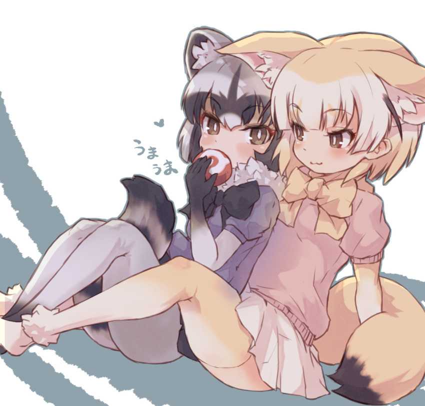 2girls animal_ears black_neckwear blonde_hair blue_swimsuit bow bowtie commentary_request common_raccoon_(kemono_friends) ears_down elbow_gloves fennec_(kemono_friends) fox_ears fox_girl fox_tail fur_collar gloves grey_hair grey_legwear highres kemono_friends kolshica multicolored_hair multiple_girls pantyhose pleated_skirt puffy_short_sleeves puffy_sleeves raccoon_ears raccoon_girl raccoon_tail short_hair short_sleeves sitting skirt sweater swimsuit tail thigh-highs white_fur white_hair white_skirt yellow_legwear yellow_neckwear yellow_sweater zettai_ryouiki