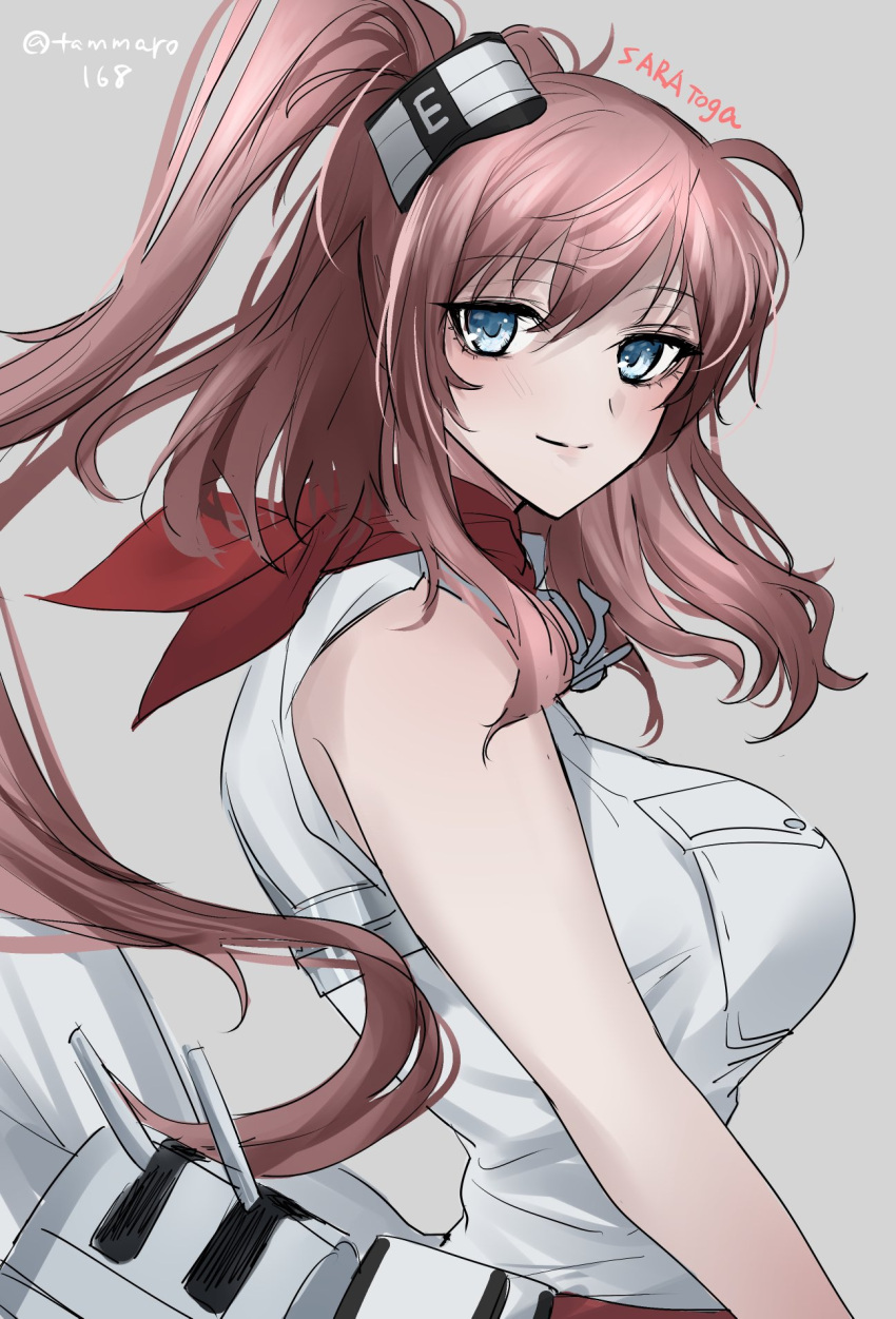 1girl blue_eyes blush breast_pocket breasts brown_hair character_name closed_mouth dress from_side grey_background highres ichimonme_(ichi) kantai_collection large_breasts long_hair pocket saratoga_(kancolle) side_ponytail simple_background sketch smile solo twitter_username upper_body white_dress