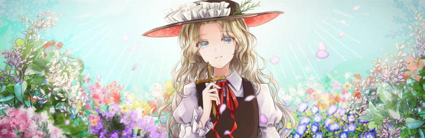 1girl blonde_hair brown_headwear brown_vest cross dolls_in_pseudo_paradise eyebrows_visible_through_hair flower frilled_hat frills happy hat highres holding holding_cross jacket_girl_(dipp) juliet_sleeves leaf light_blue_hair long_hair long_sleeves looking_at_viewer open_mouth outdoors petals poteimo_(poteimo622) puffy_sleeves red_neckwear red_ribbon ribbon shirt sky sunlight touhou vest wavy_eyes white_shirt