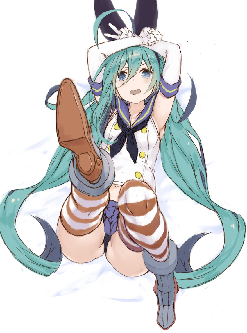 1girl absurdres ahoge aqua_hair armpits arms_up bangs black_hairband black_panties blue_eyes blue_skirt boots character_request cosplay crop_top elbow_gloves from_above gloves hairband highres kantai_collection leg_up long_hair looking_at_viewer lying microskirt navel on_back open_mouth panties pantyshot ryo_(tg290) sailor_collar shimakaze_(kantai_collection) shimakaze_(kantai_collection)_(cosplay) skirt smile solo striped striped_legwear thigh-highs twintails underwear v very_long_hair white_gloves