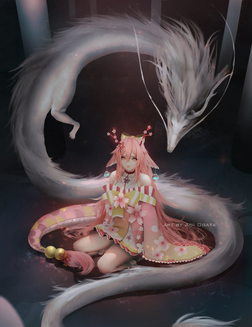 1girl animal_ears aoi_ogata artist_name bangs bare_shoulders choker clip_studio_paint_(medium) closed_mouth collarbone commentary commission dragon dragon_girl dragon_horns dragon_tail eastern_dragon english_commentary floral_print flower hair_between_eyes highres horns japanese_clothes kimono long_hair long_sleeves looking_at_viewer off_shoulder original pink_flower pink_hair pink_kimono print_kimono red_choker seiza sitting sleeves_past_fingers sleeves_past_wrists solo tail very_long_hair yellow_eyes