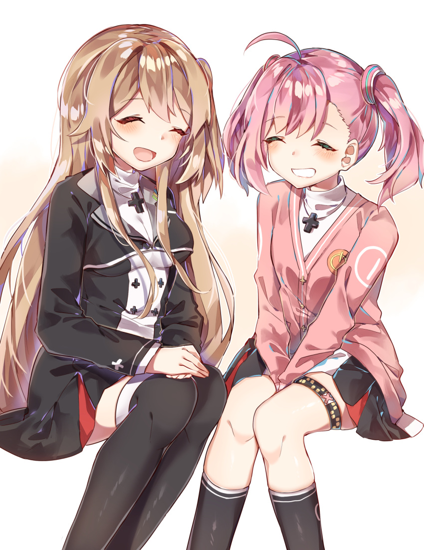 2girls :d ahoge ayatsuki_sugure bangs between_legs black_jacket black_legwear black_skirt blonde_hair breasts buttons calf_socks cardigan cross cross_necklace game_club_project grin hand_between_legs hands_on_own_knees highres jacket jewelry knees_together_feet_apart legs_together long_hair long_sleeves looking_at_another medium_breasts multiple_girls necklace one_side_up open_mouth pink_cardigan pink_hair sakuragi_miria sidelocks simple_background skirt small_breasts smile thigh-highs thigh_strap twintails virtual_youtuber white_background yumesaki_kaede_(game_club_project)