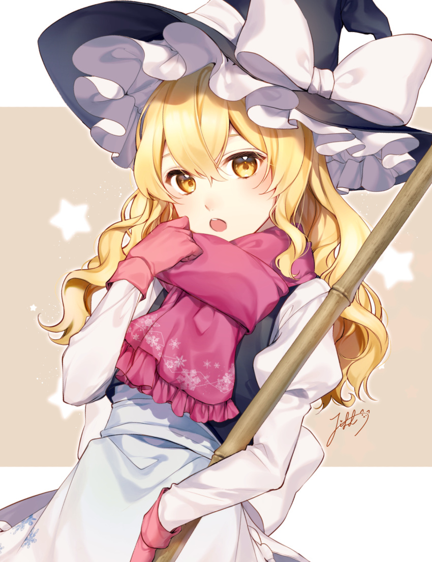 1girl :o apron black_vest blonde_hair bow broom cowboy_shot gloves hair_between_eyes hat hat_bow highres jill_07km juliet_sleeves kirisame_marisa light_blush long_hair long_sleeves looking_at_viewer open_mouth pink_gloves pink_scarf puffy_sleeves scarf shirt solo surprised touhou upper_teeth vest waist_apron wavy_hair white_bow white_shirt witch witch_hat yellow_eyes