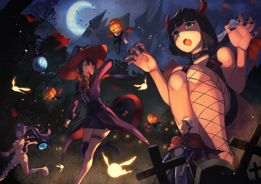 1boy 3girls absurdres arm_up asymmetrical_legwear bangs bat black_hair black_nails bow castle collar crescent_moon cross glowing green_eyes halloween hands_up hat highres horns jack-o'-lantern kurai_munio long_hair moon multiple_girls original outdoors profile purple_hair squatting white_hair