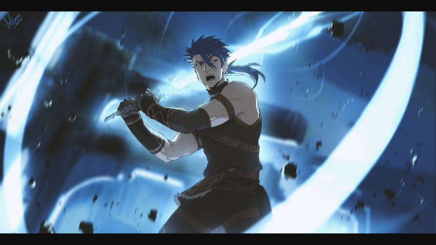 1boy alternate_costume alternate_weapon angry armband bare_shoulders belt biceps cowboy_shot cu_chulainn_(fate)_(all) cu_chulainn_(fate/prototype) dated earrings fate/prototype fate_(series) fighting_stance gloves glowing glowing_weapon highres holding holding_weapon hoop_earrings jewelry looking_to_the_side male_focus muscle open_mouth pants ponytail red_eyes signature solkorra solo spiky_hair strap sword type-moon weapon