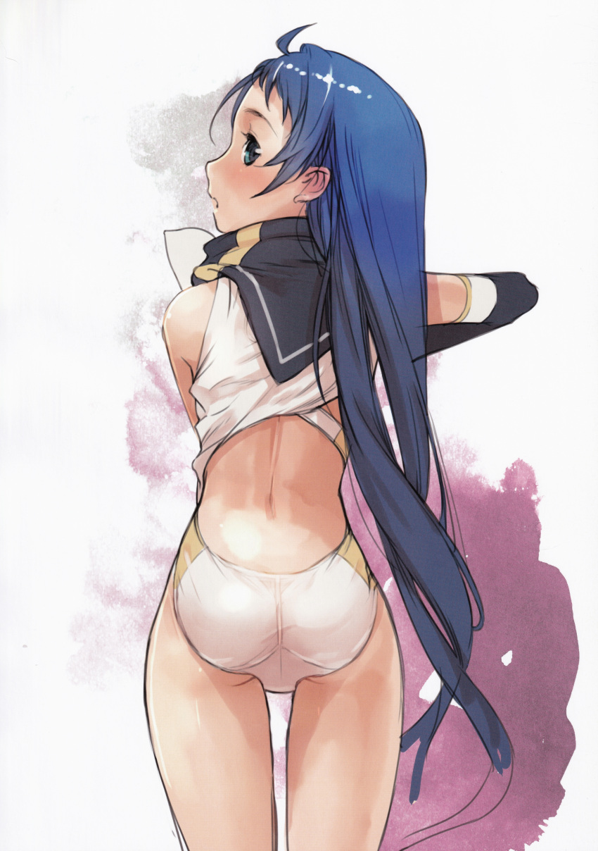 1girl absurdres ahoge ass back bangs bare_shoulders black_gloves blue_eyes blue_hair blush branch_(blackrabbits) elbow_gloves from_behind gloves gradient_hair highres huge_filesize kantai_collection long_hair looking_at_viewer looking_back multicolored_hair one-piece_swimsuit open_mouth samidare_(kantai_collection) scan shirt sleeveless sleeveless_shirt solo swept_bangs swimsuit swimsuit_under_clothes very_long_hair white_serafuku white_swimsuit