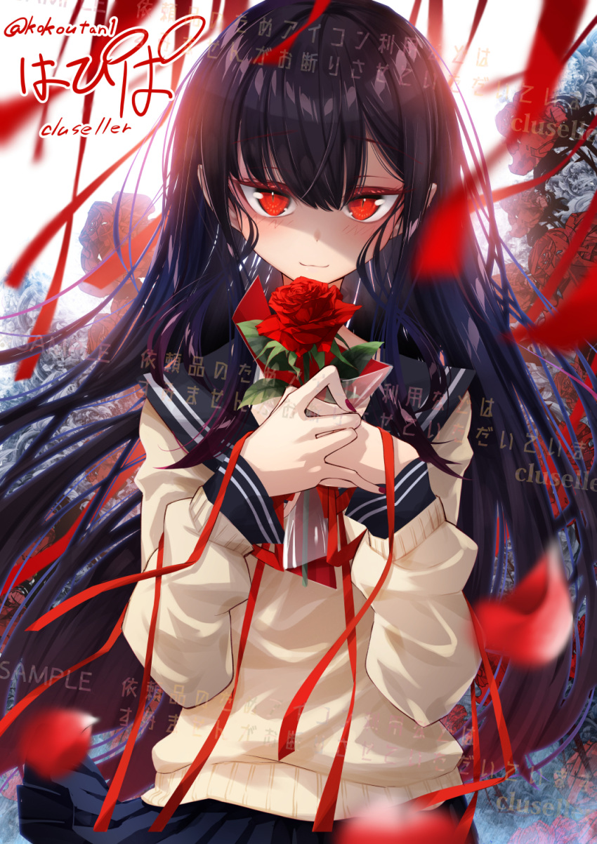 1girl :3 artist_name bangs black_hair blue_sailor_collar blue_skirt blurry_foreground blush borrowed_character brown_shirt bush closed_mouth cluseller commentary_request commission eyebrows_visible_through_hair flat_chest flower gradient_hair hands_together hands_up happy highres holding holding_flower long_hair long_sleeves looking_at_viewer miniskirt multicolored_hair nail_polish neckerchief original pleated_skirt red_eyes red_flower red_nails red_neckwear red_rose redhead rose sailor_collar sample school_uniform serafuku shiny shiny_hair shirt skirt slit_pupils smile solo standing streamers translation_request twitter_username very_long_hair watermark