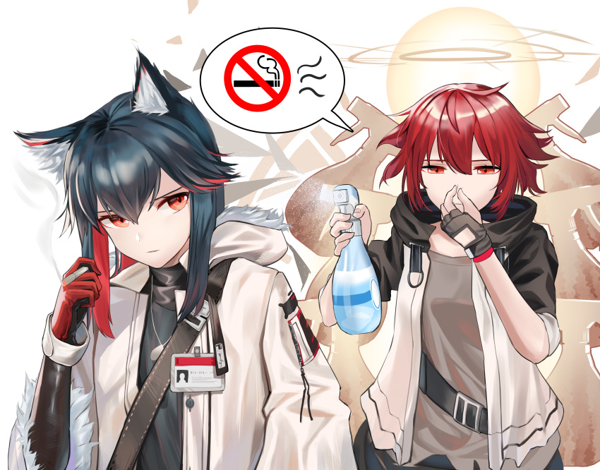 2girls absurdres animal_ear_fluff animal_ears arknights bangs black_gloves black_hair bottle brown_eyes cigarette elbow_gloves exusiai_(arknights) fingerless_gloves fur-trimmed_jacket fur_trim gloves grey_shirt halo highres holding holding_cigarette hood hood_up hooded_jacket huge_filesize id_card jacket long_sleeves multicolored_hair multiple_girls no_smoking no_symbol nose_pinch open_clothes open_jacket raglan_sleeves red_eyes red_gloves redhead rivet_vvrn shirt short_hair speech_bubble spray_bottle spraying streaked_hair texas_(arknights) upper_body white_jacket wolf_ears