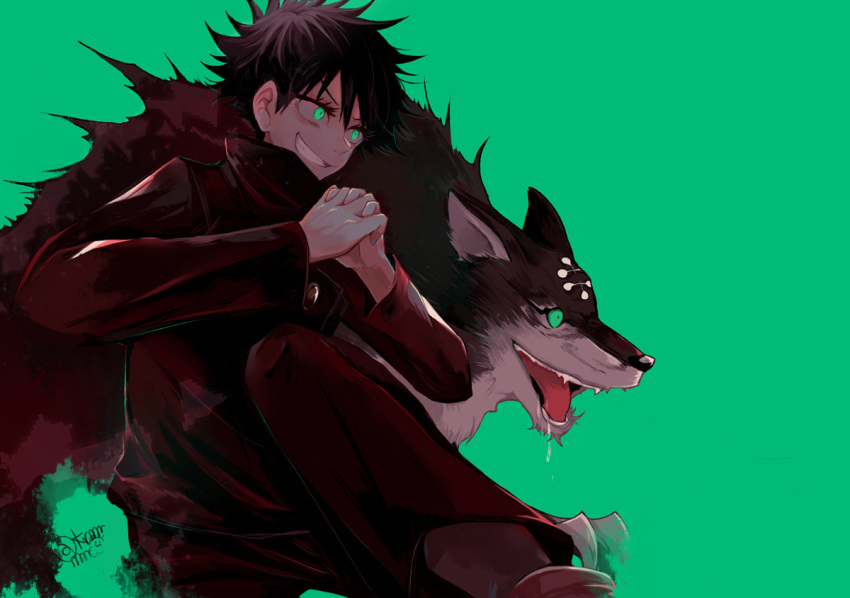 1boy animal bangs basara_masa black_hair black_jacket black_pants claws drooling familiar feet_out_of_frame fushiguro_megumi gakuran green_background green_eyes grin hair_between_eyes hands_clasped hands_up high_collar jacket jujutsu_kaisen leg_up long_sleeves looking_away male_focus open_mouth own_hands_together pants school_uniform signature simple_background smile solo spiky_hair wolf