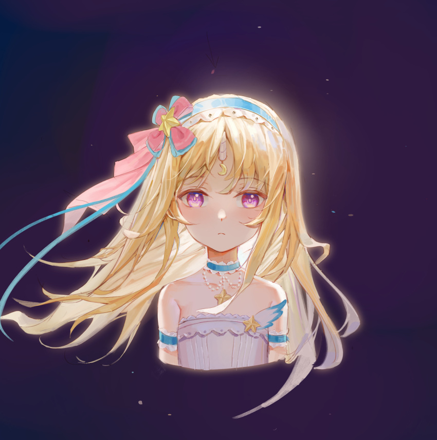 1girl bare_shoulders blonde_hair blue_hairband civia closed_mouth crescent dress expressionless eyebrows_visible_through_hair hair_ornament hairband highres hololive hololive_china horns jewelry long_hair looking_at_viewer necklace qingshu single_horn solo star_(symbol) star_hair_ornament strapless strapless_dress unicorn upper_body violet_eyes virtual_youtuber wind