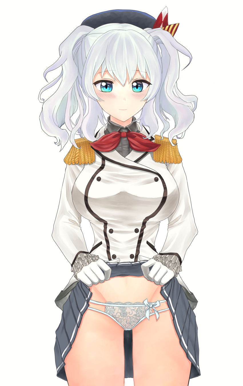 1girl absurdres beret blue_eyes blue_skirt breasts cowboy_shot epaulettes frilled_sleeves frills gloves hat highres jacket kantai_collection kashima_(kantai_collection) kerchief lace lace_panties large_breasts lifted_by_self long_sleeves military military_jacket military_uniform miniskirt momonyadayo neckerchief panties pleated_skirt red_neckwear sidelocks skirt skirt_lift solo standing tsurime twintails underwear uniform wavy_hair white_gloves white_hair white_jacket white_panties