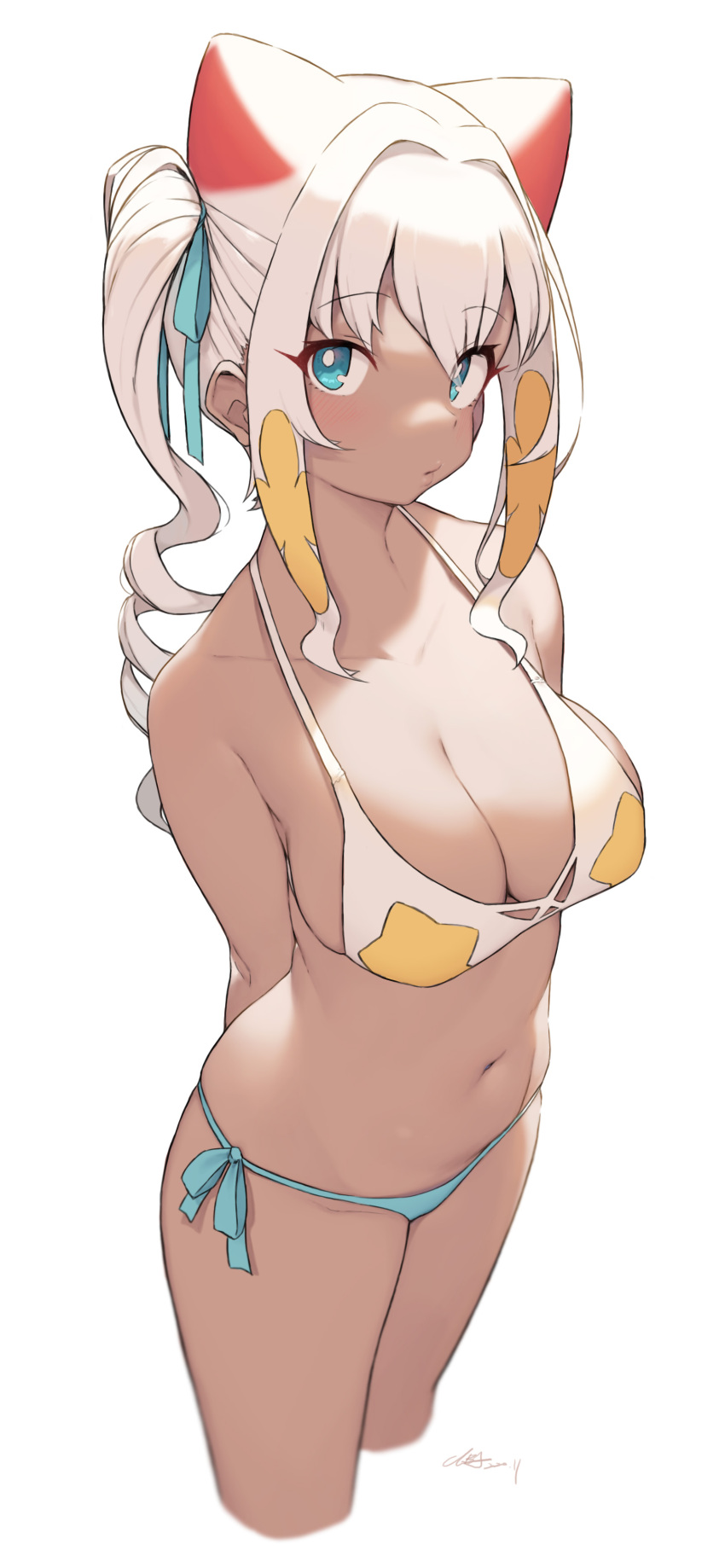 1girl absurdres animal_ears arms_behind_back bangs bikini blue_eyes blue_ribbon blush breasts cloba collarbone commentary_request dark_skin drill_hair extra_ears eyebrows_visible_through_hair hair_ribbon highres large_breasts long_hair looking_at_viewer mismatched_bikini navel original puckered_lips ribbon side-tie_bikini sidelocks signature simple_background solo swimsuit white_background white_bikini white_hair