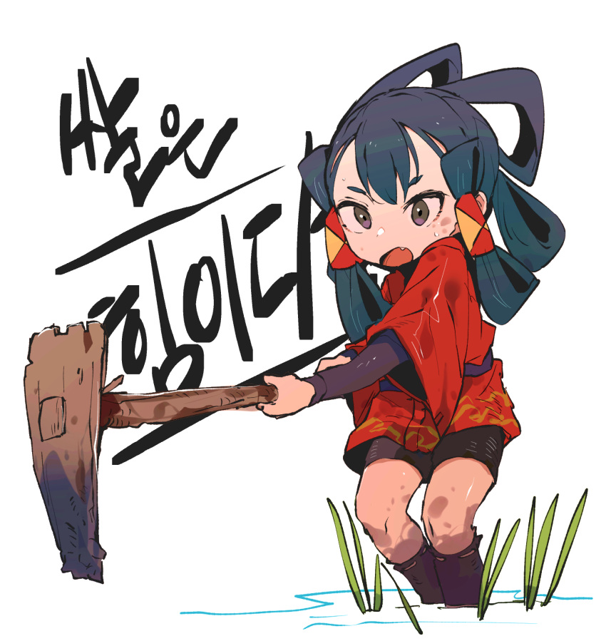 1girl blue_hair boots brown_eyes ddari fang green_hair highres hoe holding japanese_clothes kimono long_sleeves looking_at_viewer multicolored_hair open_mouth red_kimono sakuna-hime short_kimono shorts solo standing sweat tensui_no_sakuna-hime two-tone_hair