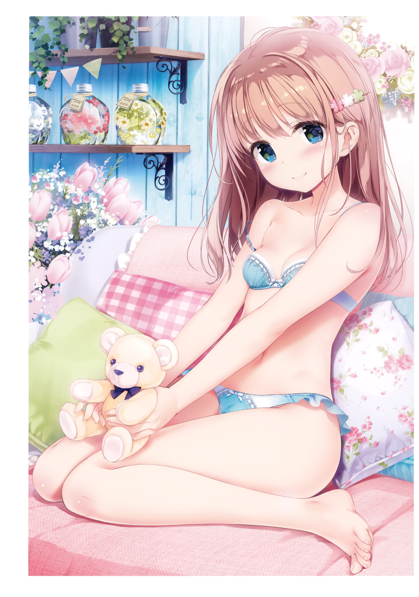 1girl absurdres bangs bare_legs barefoot blue_bra blue_eyes blue_panties blush bow bow_bra bow_panties bra breasts brown_hair collarbone eyebrows_visible_through_hair flower hair_flower hair_ornament highres holding holding_stuffed_toy kimishima_ao long_hair looking_at_viewer navel original panties sitting small_breasts smile solo strap_slip stuffed_animal stuffed_toy teddy_bear toes underwear wariza