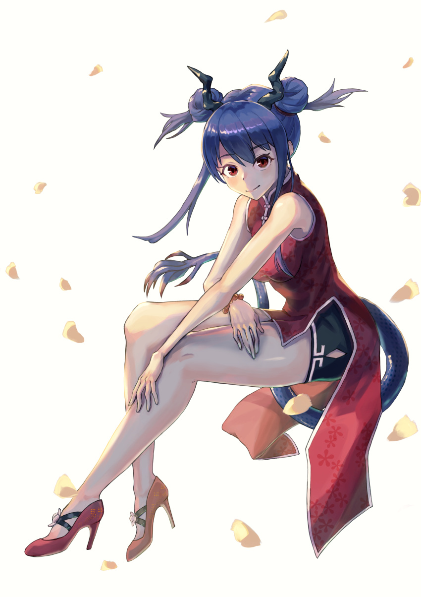 1girl absurdres arknights bangs bare_arms bare_legs bare_shoulders bead_bracelet beads black_shorts blue_hair bracelet breasts ch'en_(ageless_afterglow)_(arknights) ch'en_(arknights) china_dress chinese_clothes commentary_request double_bun dragon_horns dragon_tail dress eyebrows_visible_through_hair high_heels highres horns invisible_chair jewelry kikik long_hair looking_at_viewer medium_breasts official_alternate_costume red_dress red_eyes red_footwear short_shorts shorts sidelocks simple_background sitting sleeveless sleeveless_dress smile solo tail thighs white_background