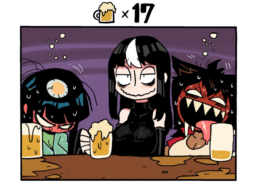3girls alcohol animal_ears bare_shoulders beer beer_mug black_hair border breasts counter cup detached_sleeves drunk green_shirt green_skin highres jacket jitome large_breasts long_hair long_sleeves looking_at_viewer monster_girl mug multicolored_hair multiple_girls neneko_(rariatto) noss_(rariatto) open_clothes open_jacket open_mouth original rariatto_(ganguri) red_jacket rudi_(rariatto) saliva sanpaku sharp_teeth shirt short_sleeves sleeves_past_wrists smile streaked_hair sweat sweating_profusely teeth tongue tongue_out wavy_mouth white_border white_hair white_shirt wolf_ears
