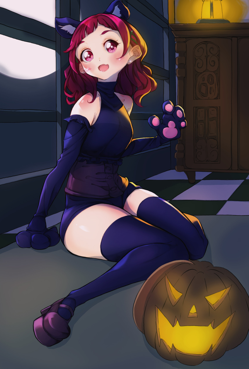1girl animal_ears arm_support bangs black_gloves black_legwear blunt_bangs blush cat_ears checkered checkered_floor commentary_request cupboard earrings elbow_gloves fang full_moon gloves hair_ornament hairpin halloween halloween_costume high_heels highres hugtto!_precure indoors jack-o'-lantern jewelry lantern long_hair moon night nono_hana open_mouth paw_gloves paws pink_eyes pink_hair precure rikito1087 shoes sideways_glance sitting skin_fang smile solo thigh-highs thighs wariza x_hair_ornament
