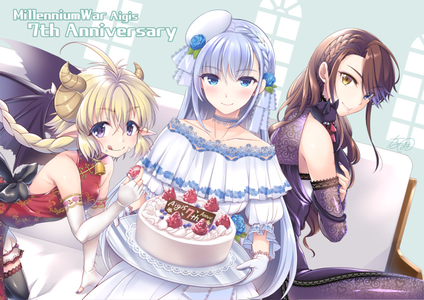 3girls ahoge anniversary bangs belphe_(sennen_sensou_aigis) blonde_hair blue_eyes blue_hair braid breasts brown_eyes brown_hair cake china_dress chinese_clothes copyright_name dragon_wings dress elbow_gloves elias_(sennen_sensou_aigis) fingerless_gloves flower food fruit gloves hair_between_eyes hair_flower hair_ornament horns indoors long_hair multiple_girls narumizg neck_bell purple_nails sennen_sensou_aigis short_sleeves sidelocks small_breasts strawberry tilted_headwear velty_(sennen_sensou_aigis) violet_eyes white_dress white_gloves white_headwear wings