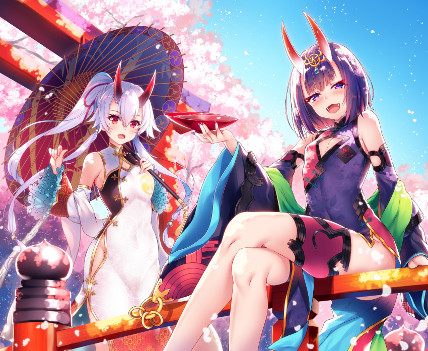2girls absurdres bangs bare_shoulders blue_sky blush bob_cut breasts bridge cherry_blossoms china_dress chinese_clothes cleavage_cutout clothing_cutout clouds crossed_legs cup day detached_sleeves dress eyebrows_visible_through_hair fate/grand_order fate_(series) gold_trim hair_between_eyes hair_ribbon heroic_spirit_traveling_outfit highres holding holding_umbrella horns large_breasts long_hair looking_at_viewer makeup multicolored multicolored_clothes multicolored_dress multiple_girls oni oni_horns oriental_umbrella outdoors petals ponytail purple_hair raiou red_eyes ribbon sakazuki short_hair shuten_douji_(fate/grand_order) silver_hair sitting skin-covered_horns sky small_breasts smile standing tomoe_gozen_(fate/grand_order) torii umbrella very_long_hair violet_eyes white_dress