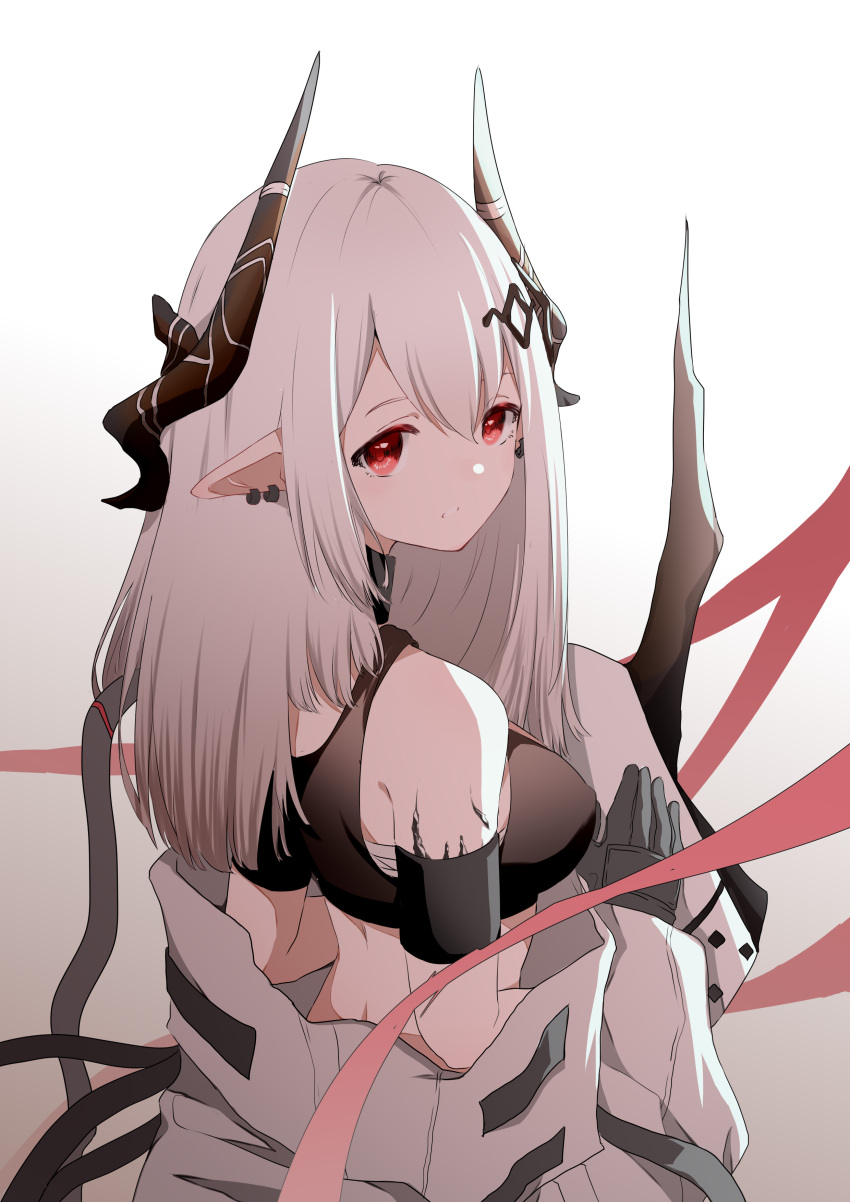 1girl absurdres arknights armband bangs bare_shoulders breasts commentary crop_top gloves gradient gradient_background grey_background grey_gloves hair_between_eyes highres horns large_breasts long_hair looking_at_viewer midriff mudrock_(arknights) oripathy_lesion_(arknights) pointy_ears red_(aba02) red_eyes silver_hair solo sports_bra upper_body white_background