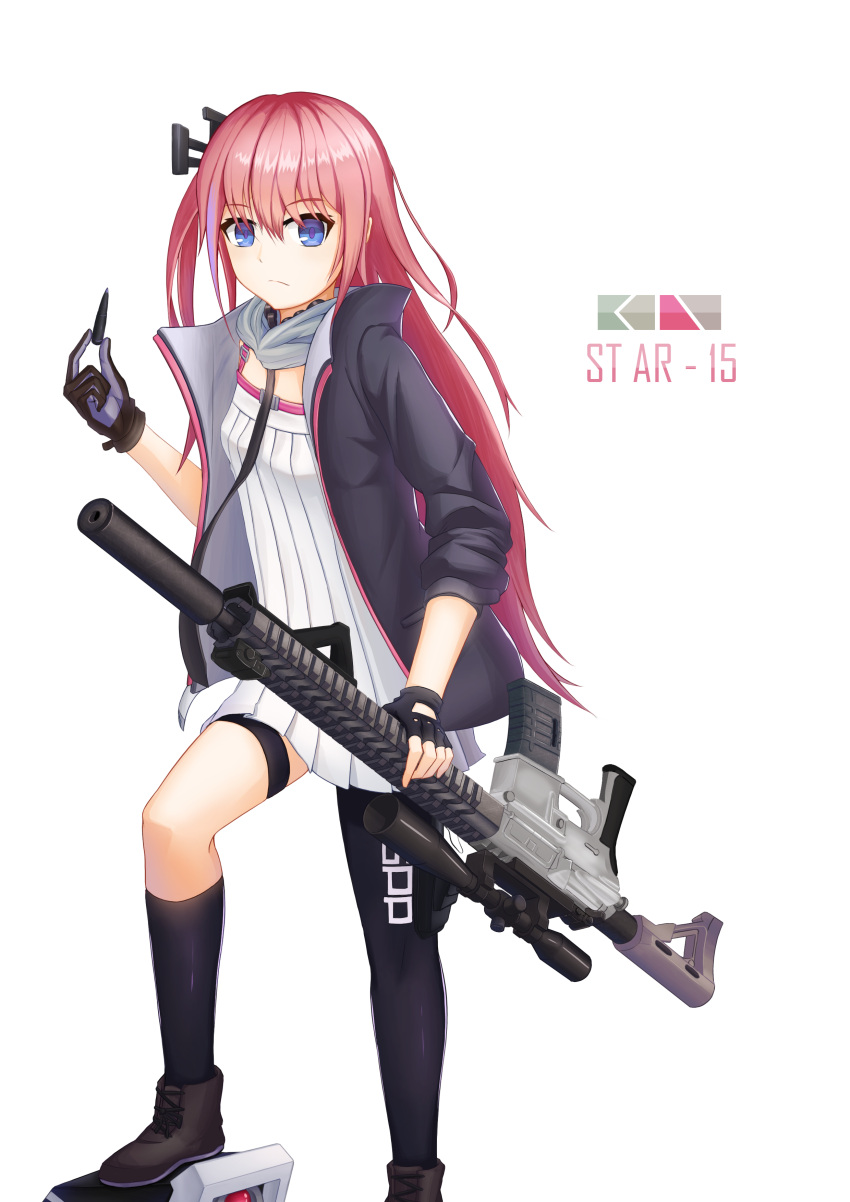 1girl absurdres ar-15 asymmetrical_legwear bangs black_gloves black_jacket black_legwear blue_eyes boots breasts brown_footwear bullet character_name closed_mouth commentary cross-laced_footwear dinergate_(girls_frontline) dress eyebrows_visible_through_hair fingerless_gloves girls_frontline gloves gun hair_between_eyes highres holding holding_gun holding_weapon jacket kneehighs lace-up_boots long_hair long_sleeves looking_at_viewer mismatched_gloves multicolored_hair object_namesake one_side_up open_clothes open_jacket pink_hair pleated_dress purple_hair rifle simple_background single_fingerless_glove single_kneehigh single_leg_pantyhose small_breasts solo_focus st_ar-15_(girls_frontline) stratosphere_(coom1017) streaked_hair thigh_strap very_long_hair weapon white_background white_dress