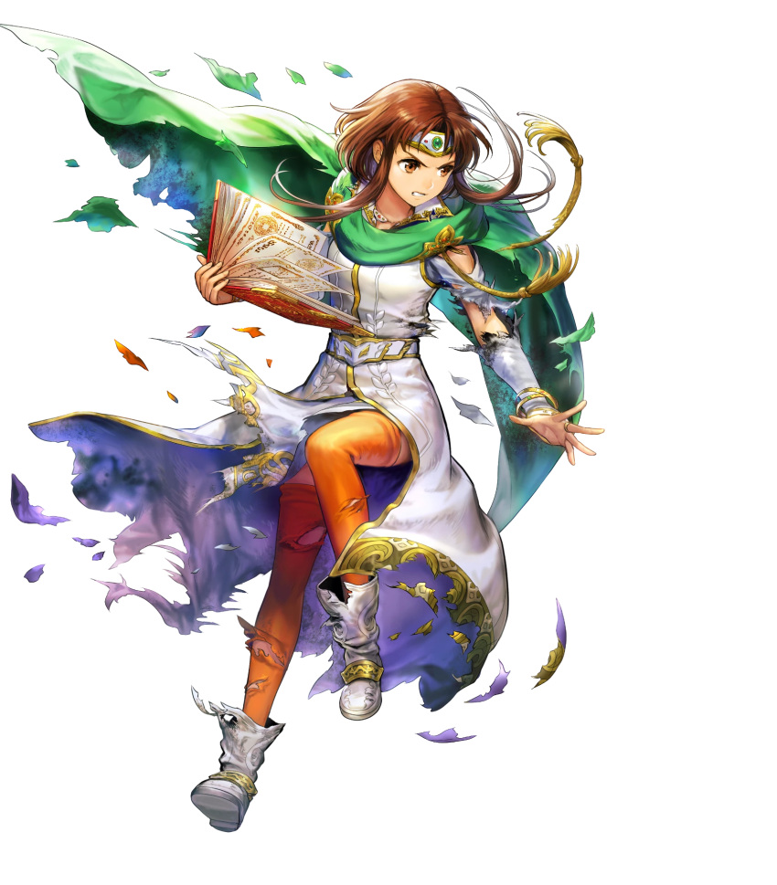 1girl asatani_tomoyo bangs book boots bracelet bridal_gauntlets brown_eyes brown_hair brown_legwear cape circlet clenched_teeth dress fire_emblem fire_emblem:_thracia_776 fire_emblem_heroes full_body gold_trim green_cape highres holding jewelry long_hair long_sleeves looking_away miranda_(fire_emblem) official_art parted_lips shiny shiny_hair teeth thigh-highs torn_cape torn_clothes torn_legwear torn_sleeves transparent_background white_footwear