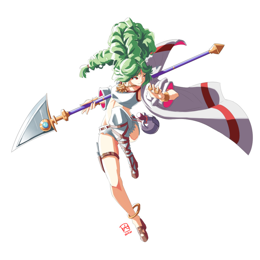 1girl alternate_costume automatic_giraffe ball crop_top dated dynamic_pose english_commentary floating_hair green_hair holding holding_ball holding_lance holding_polearm holding_weapon jacket jug kid_icarus kid_icarus_uprising lance long_hair looking_to_the_side low-tied_long_hair palutena polearm red_eyes short_shorts shorts single_thighhigh solo thigh-highs very_long_hair weapon white_jacket