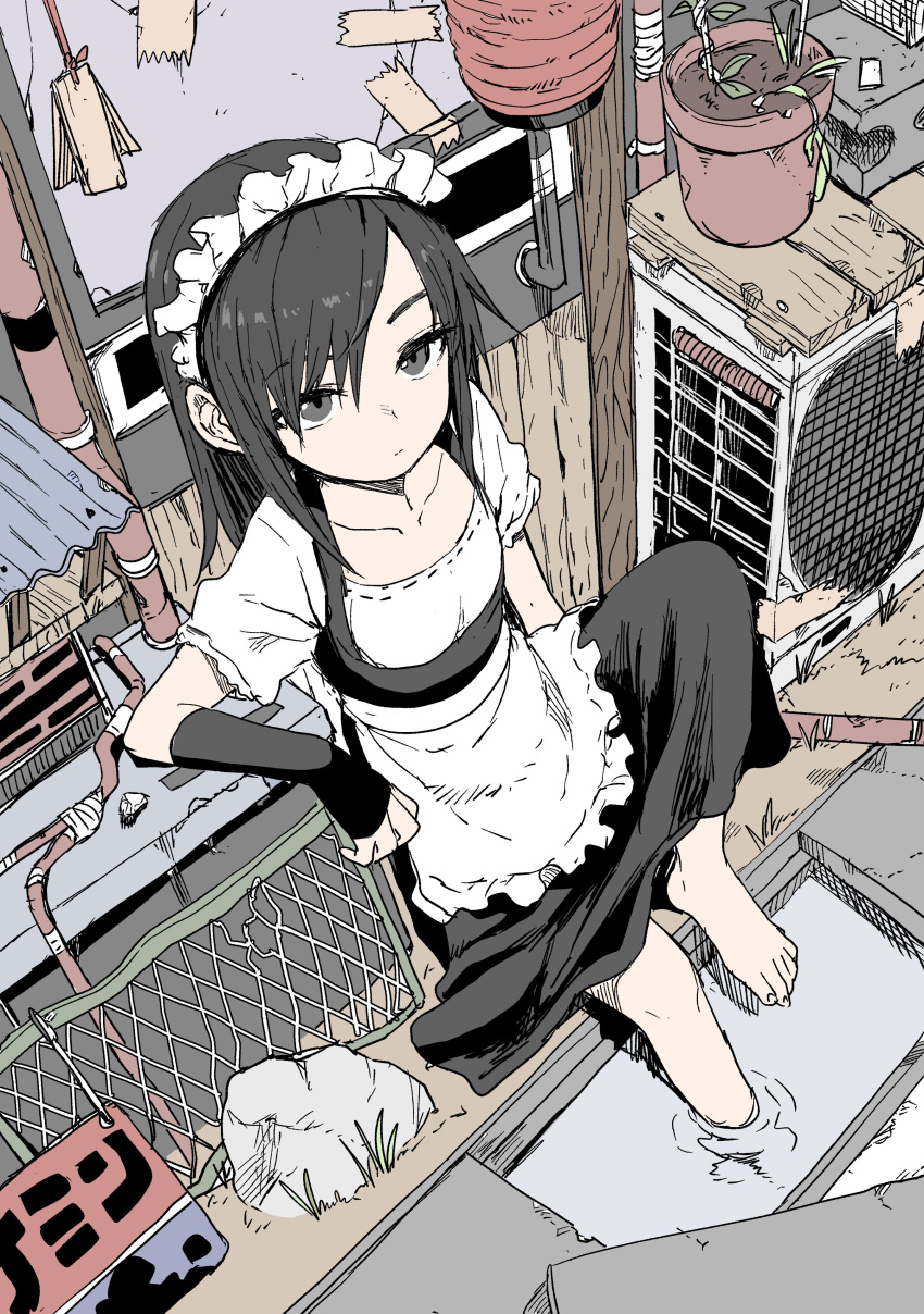 1girl absurdres air_conditioner apron barefoot black_dress black_gloves black_hair chain-link_fence commentary_request day dress elbow_gloves fence fingerless_gloves flower_pot frilled_apron frills from_above gloves grey_eyes highres lantern long_hair looking_away maid maid_headdress original outdoors paper_lantern plant potted_plant shirt short_sleeves sitting sleeveless sleeveless_dress soaking_feet solo tape waist_apron water white_apron white_shirt yamamoto_souichirou