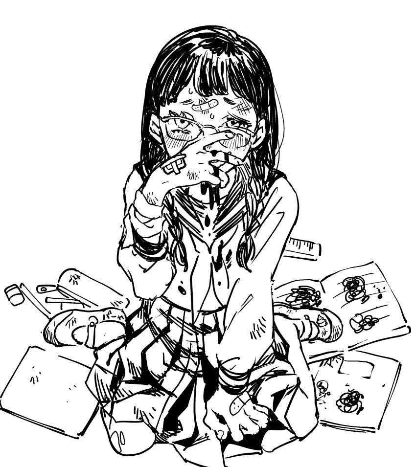 1girl absurdres bandages bandaid bandaid_on_forehead bandaid_on_hand blood blush bomhat bruise bruise_on_face bullying commentary english_commentary glasses greyscale highres injury long_sleeves looking_at_viewer monochrome neckerchief nosebleed note original pencil_case sailor_collar school_uniform serafuku shirt simple_background sitting skirt solo wariza white_background