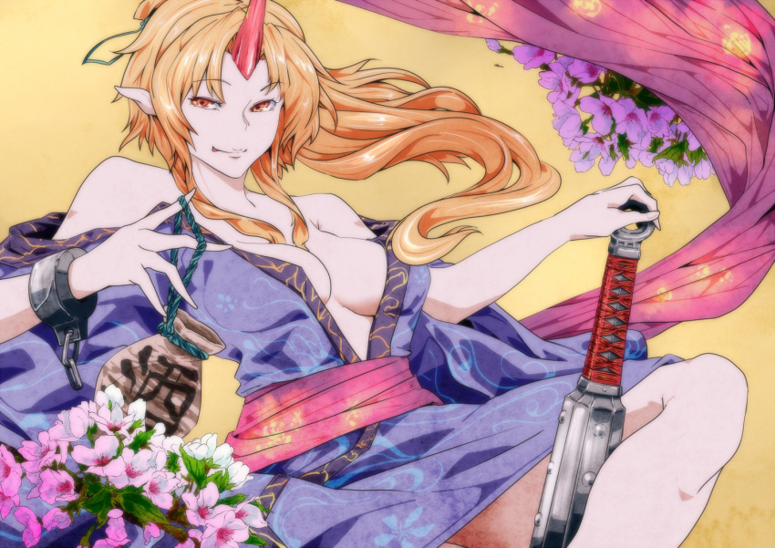 1girl :p alternate_costume alternate_hairstyle bare_arms bare_shoulders breasts chain club cuffs floating_hair flower hands_up high_ponytail horns hoshiguma_yuugi japanese_clothes kanabou kimono knee_up leaning_back long_hair looking_at_viewer medium_breasts off_shoulder oni orange_eyes orange_hair pointy_ears potato_pot sash seductive_smile shackles shiny shiny_hair sidelocks single_horn smile solo tongue tongue_out touhou weapon