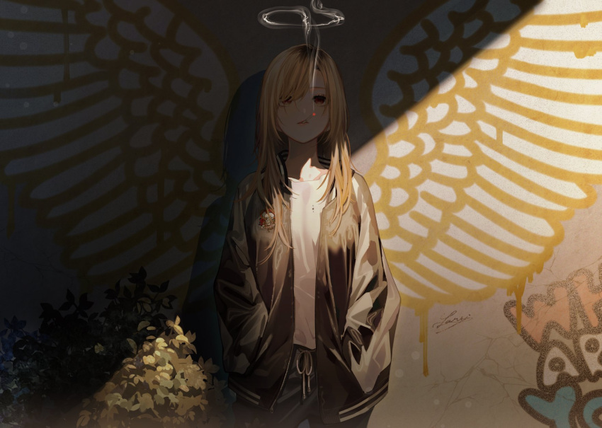 1girl angel_wings black_jacket blonde_hair brown_eyes bush cigarette crack cracked_wall fake_halo fake_wings graffiti halo hands_in_pockets highres jacket laru long_hair open_clothes open_jacket original parted_lips shadow signature smoke smoking solo wings zipper zipper_pull_tab