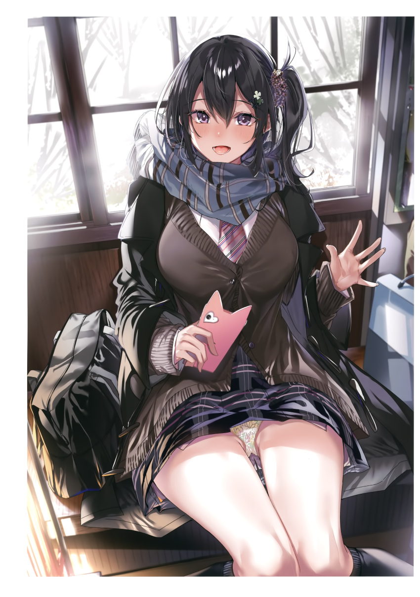 1girl absurdres bag blush breasts buttons cellphone coat hair_ornament hair_scrunchie hand_up highres holding kakao large_breasts long_hair looking_at_viewer melonbooks necktie panties phone ponytail scan scarf school_bag school_uniform scrunchie shiny shiny_hair side_ponytail sitting skirt smile solo tied_hair underwear winter winter_clothes winter_coat