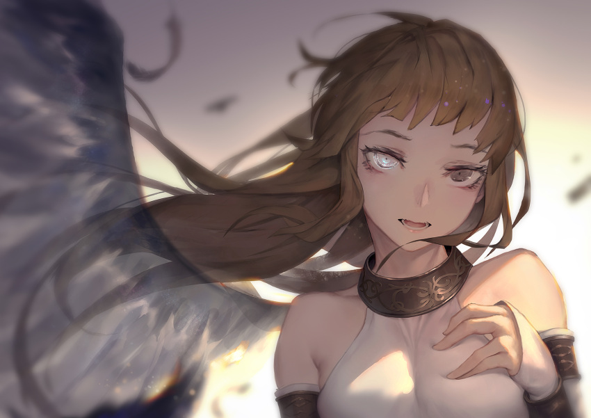 1girl angel angel_wings bare_shoulders black_feathers black_wings blush brown_eyes brown_hair detached_sleeves feathers heterochromia highres long_hair lower_teeth mabinogi mabinogi_heroes single_wing sleeves_past_wrists solo teeth tieve tongue transparent upper_body waymay white_eyes wings