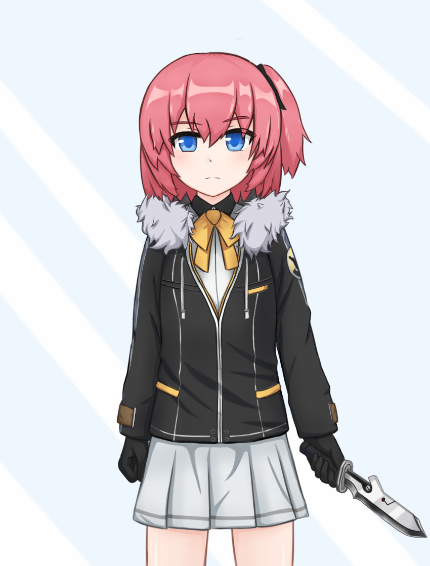 1girl bangs black_gloves black_jacket black_ribbon blue_background blue_eyes blush bow closed_mouth closers collared_shirt commentary eyebrows_visible_through_hair fur-trimmed_jacket fur_trim gloves grey_skirt hair_between_eyes hair_ribbon highres holding holding_knife jacket knife long_sleeves looking_at_viewer one_side_up pink_hair pleated_skirt ribbon seulbi_lee shirt skirt solo standing stratosphere_(coom1017) two-tone_background white_background white_shirt yellow_bow