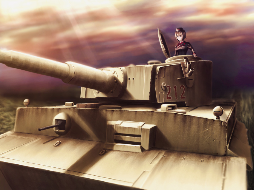 1girl absurdres brown_eyes brown_hair caterpillar_tracks clouds cloudy_sky commentary_request evening girls_und_panzer grass ground_vehicle highres kuromorimine_military_uniform light_smile makky_(yami_chang) military military_vehicle motor_vehicle nishizumi_maho short_hair sky sunlight tank tiger_i uniform