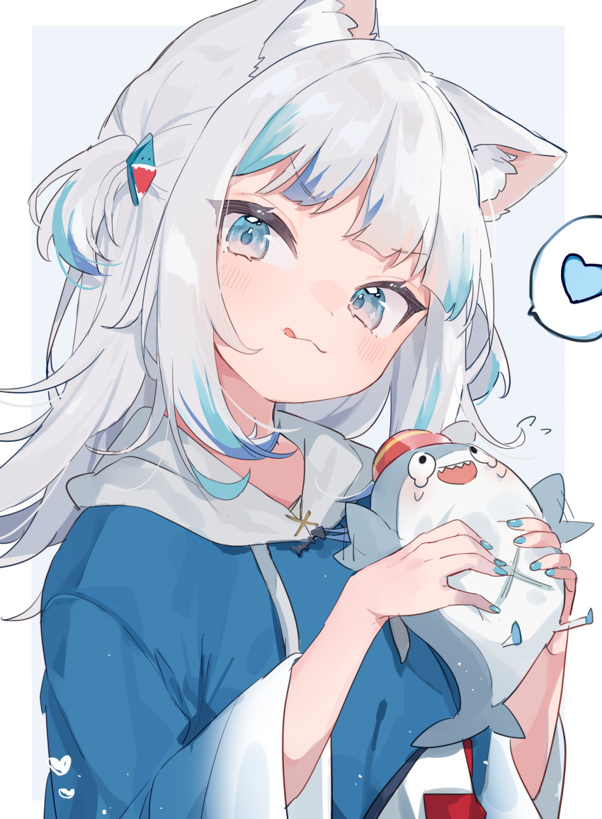 1girl :3 :q absurdres animal_ears animal_hood bangs bloop_(gawr_gura) blue_eyes blue_hair blue_hoodie blue_nails blush cat_ears closed_mouth gawr_gura grey_hair hair_ornament hands_up heart highres holding hololive hololive_english hood hood_down hoodie long_hair long_sleeves looking_at_viewer mokyuko multicolored_hair nail_polish shark_hair_ornament shark_hood solo streaked_hair striped symbol_commentary tongue tongue_out two_side_up upper_body virtual_youtuber