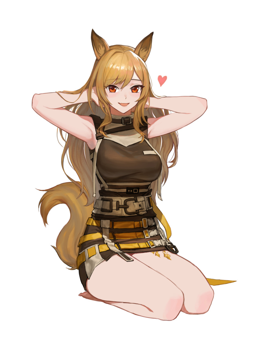 1girl absurdres animal_ears arknights armpits arms_behind_head asymmetrical_bangs bangs bare_legs barefoot blush breasts brown_shirt brown_skirt ceobe_(arknights) dog_ears dog_tail eyebrows_visible_through_hair fang full_body hands_in_hair heart highres jason_kim korean_commentary light_brown_hair long_hair looking_at_viewer medium_breasts miniskirt open_mouth oripathy_lesion_(arknights) parted_bangs red_eyes seiza shirt simple_background sitting skin_fang skirt skirt_set sleeveless sleeveless_shirt smile solo strap tail thighs white_background