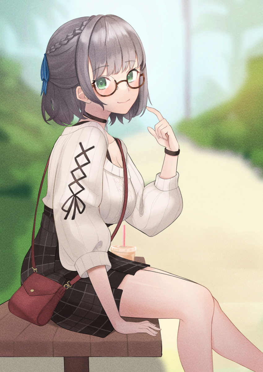 1girl bag bangs bench black_choker black_skirt blue_ribbon blurry blurry_background braid brown-framed_eyewear choker closed_mouth cup disposable_cup drink drinking_straw eyebrows_visible_through_hair facing_away from_side glasses green_eyes grey_hair hair_ribbon hand_up handbag high-waist_skirt highres hololive long_sleeves looking_at_viewer miniskirt plaid plaid_skirt puffy_long_sleeves puffy_sleeves ribbed_sweater ribbon round_eyewear semi-rimless_eyewear shirogane_noel short_hair sitting skirt sleeves_past_elbows smile solo sweater tortoiseshell-framed_eyewear under-rim_eyewear virtual_youtuber white_sweater wooden_bench yudetama