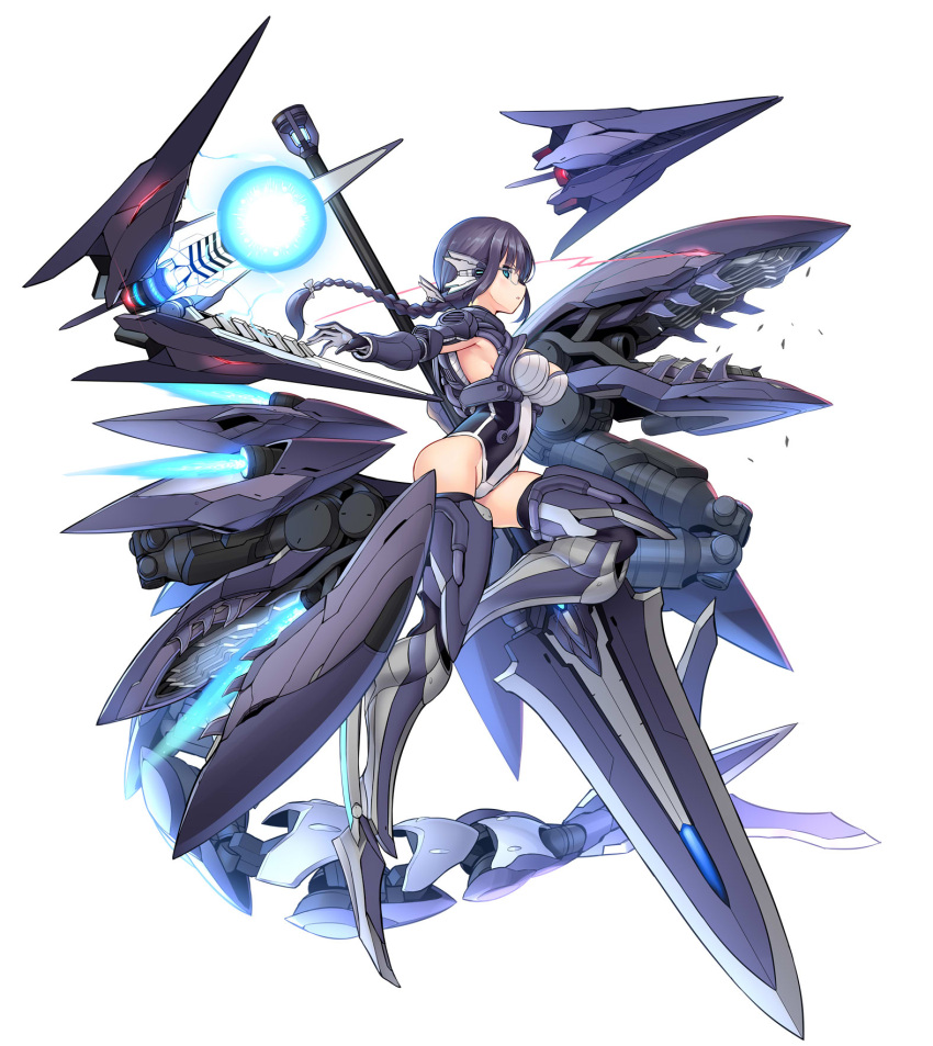 1girl alice_gear_aegis black_hair blue_eyes braid breasts covered_navel energy_ball flying from_side glasses glowing glowing_eye highres holding holding_lance holding_polearm holding_weapon huge_weapon iinuma_toshinori lance leotard looking_at_viewer mecha_musume medium_breasts open_mouth original polearm red_eyes robot science_fiction sharp_teeth skin_tight solo teeth weapon white_background